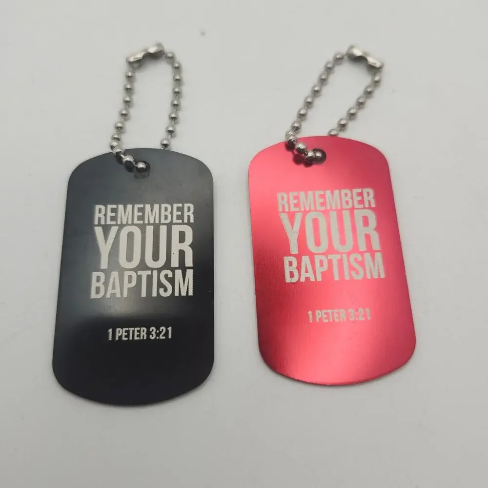 Remember Your Baptism 2pc Dog Tag Keychain Set 1 Peter 3:21 Christian Black Red